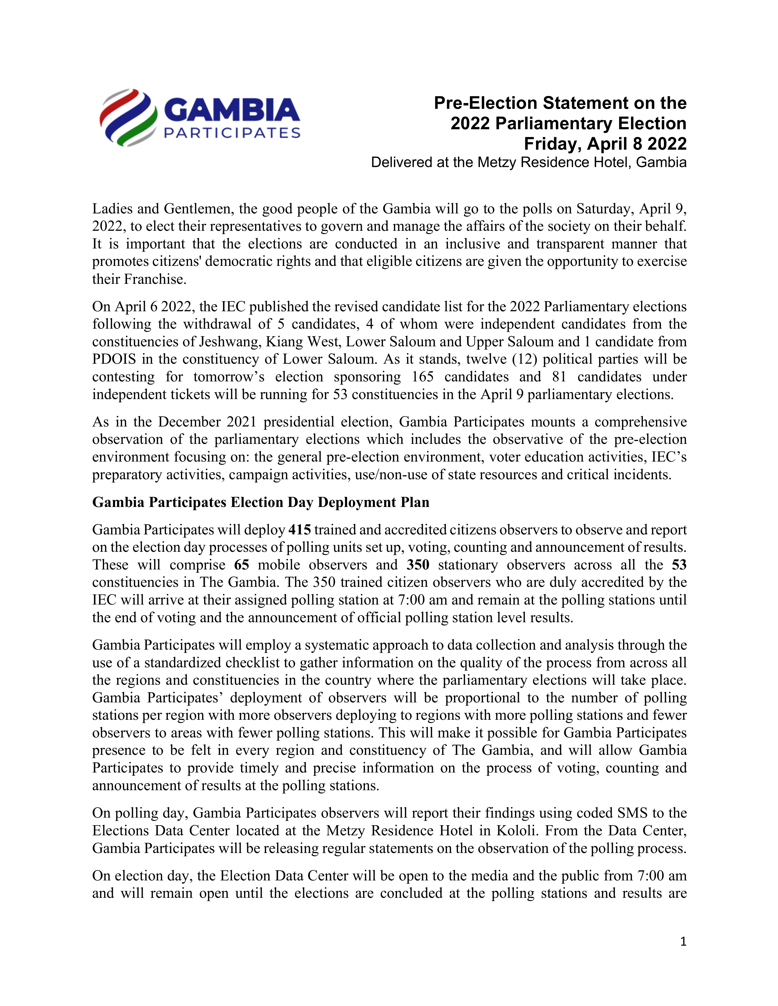 Pre-Election Statement 1: 2022 NA Election