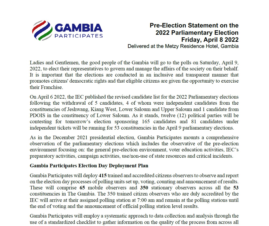 Pre-Election Statement 1: 2022 NA Election