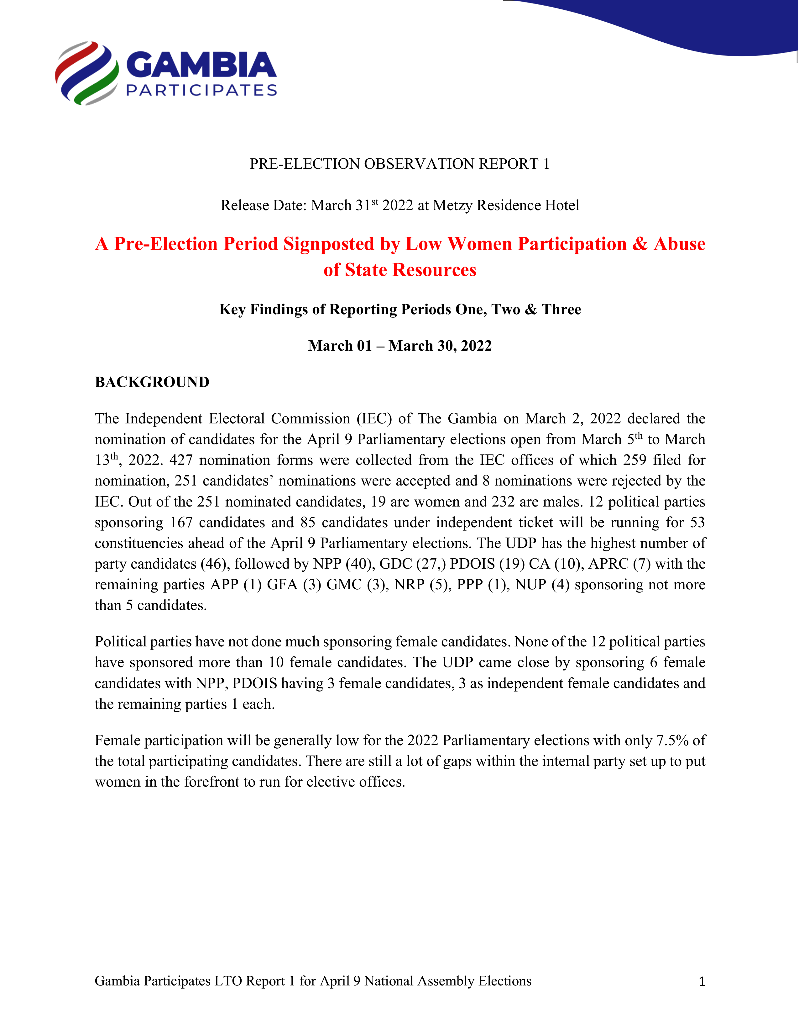 PRE-ELECTION OBSERVATION REPORT 1 2022