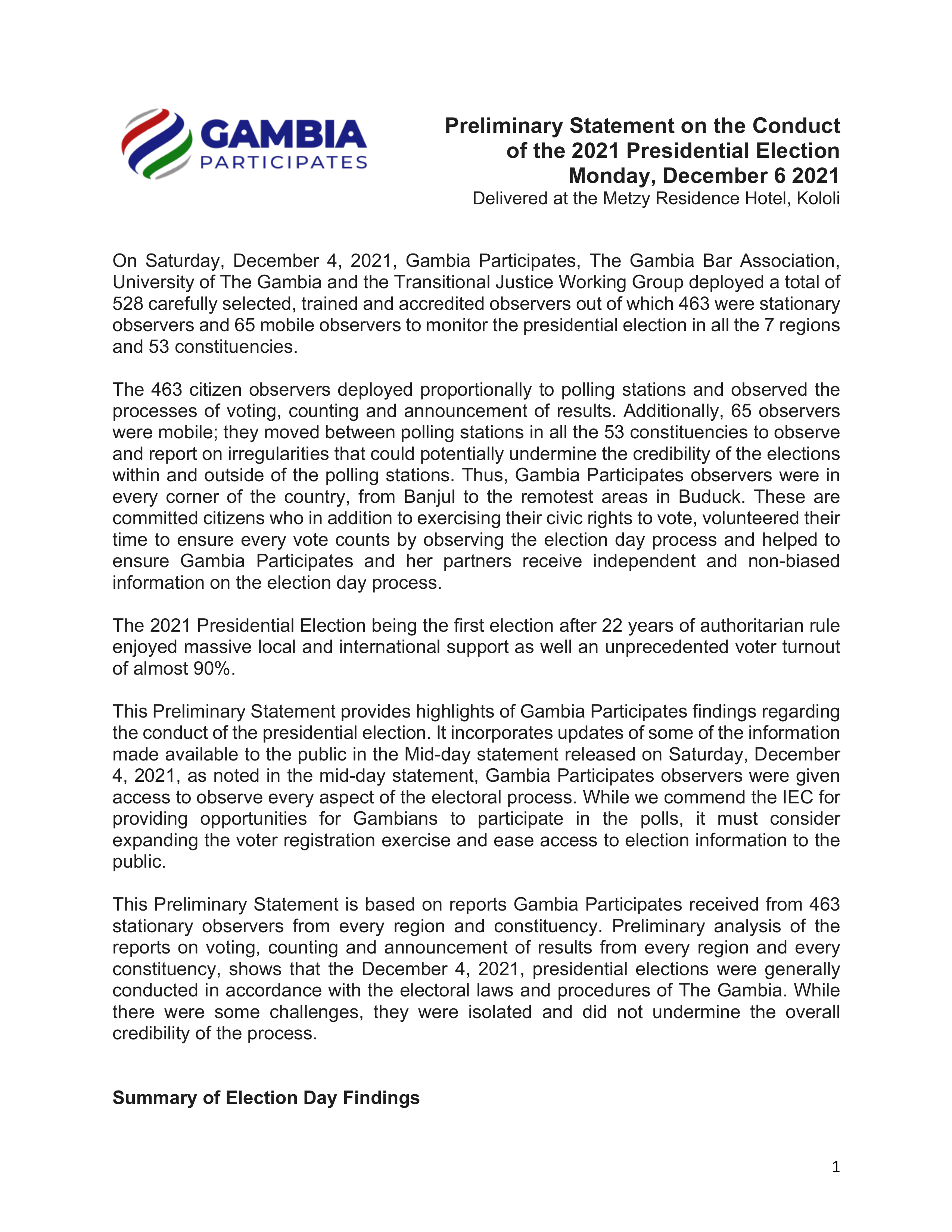 Preliminary Statement: 2021 Pre Elections