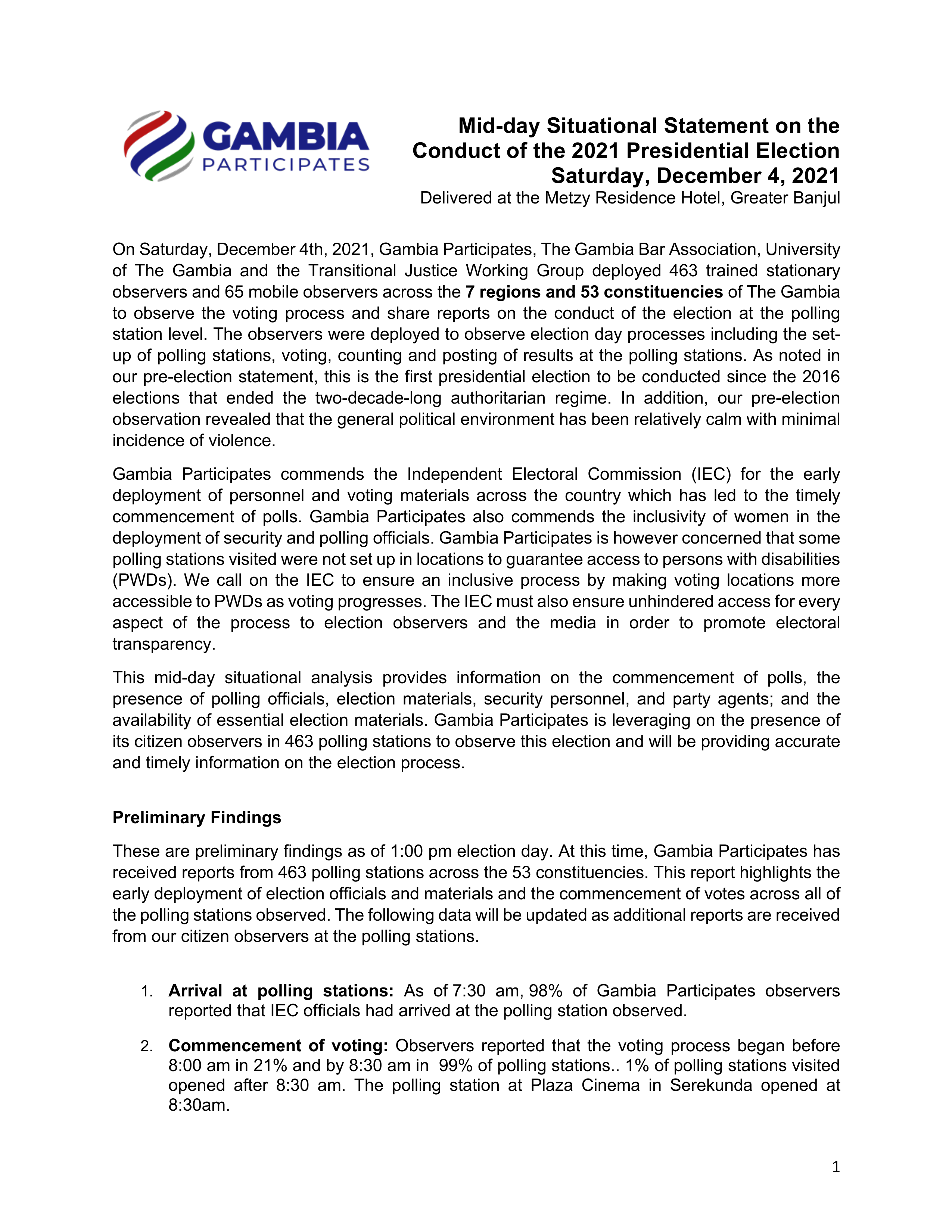 Mid-day Statement: 2021 Presidential Election