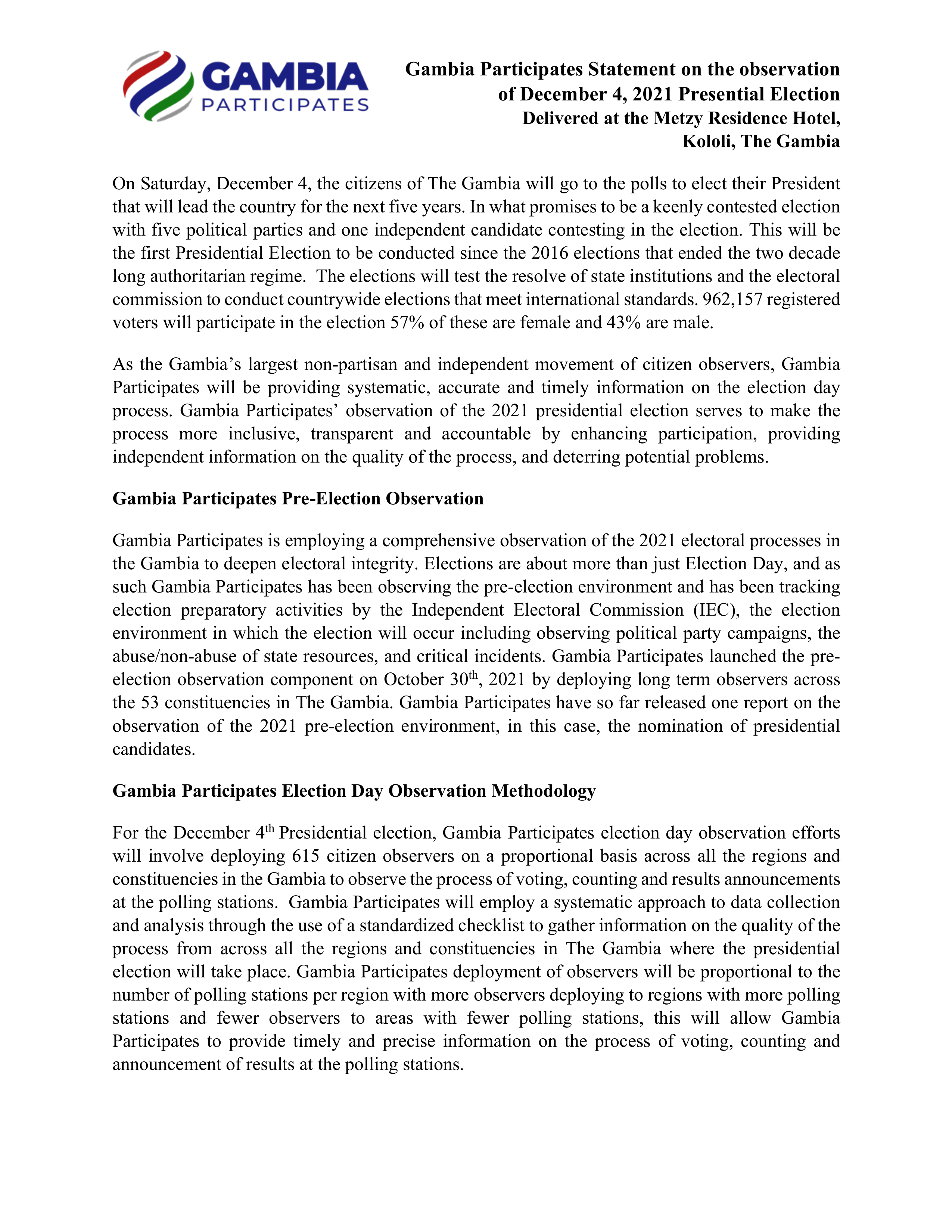 Pre-Election Observation Statement 2021